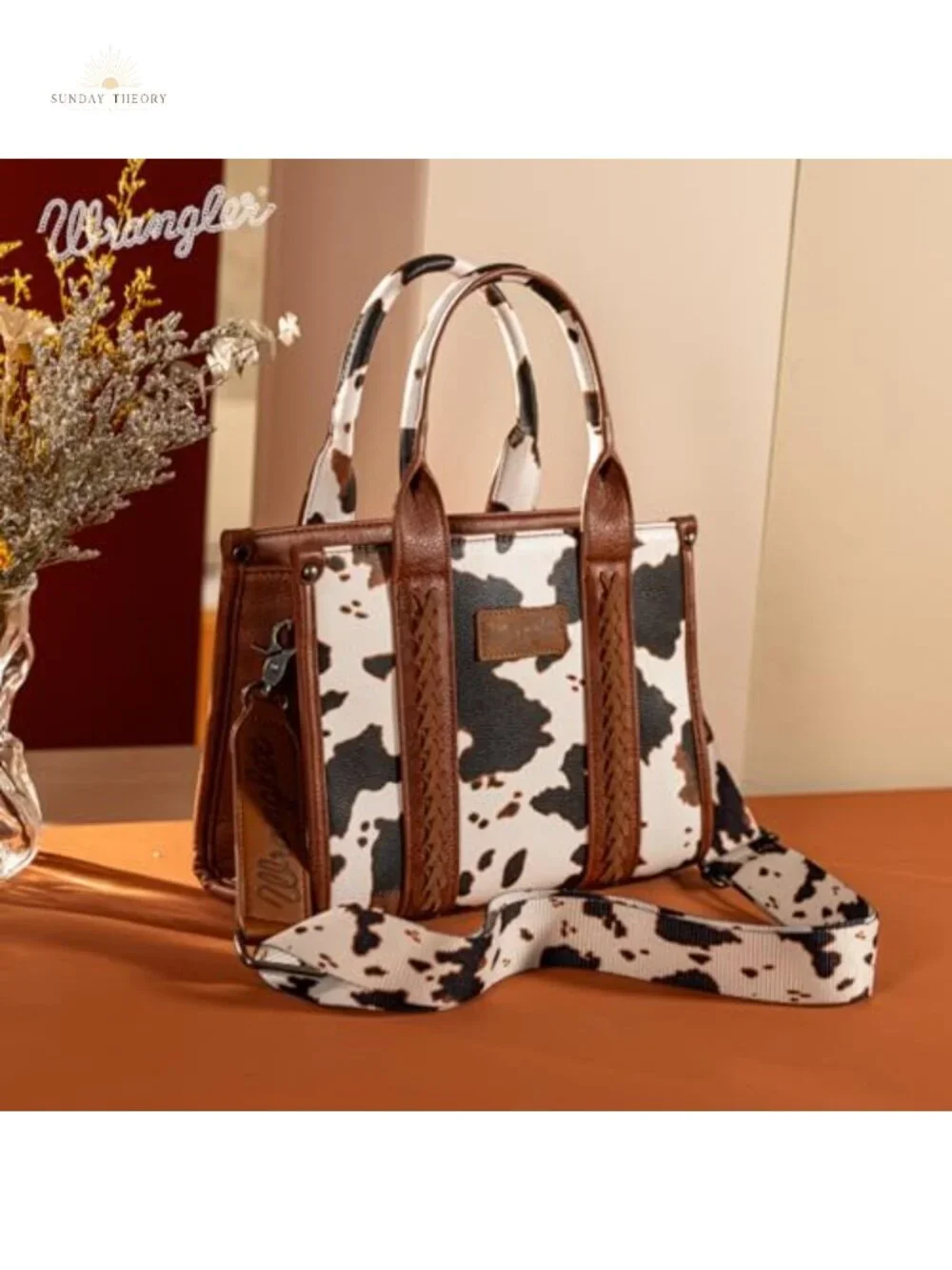 Cow Print Faux Leather Tote Purse Whipstitch Top Handle Crossbody Bag